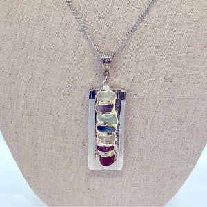 38’ Chain with Selenite Chrystal Pendant & 7 Chakra Gemstone Necklace